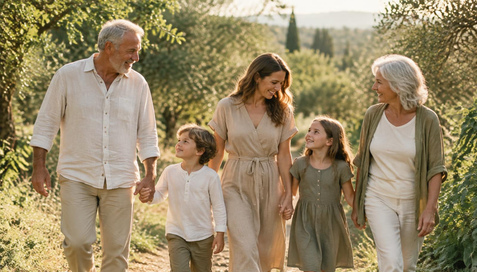 Three generations of a family walking together outdoors in warm evening light