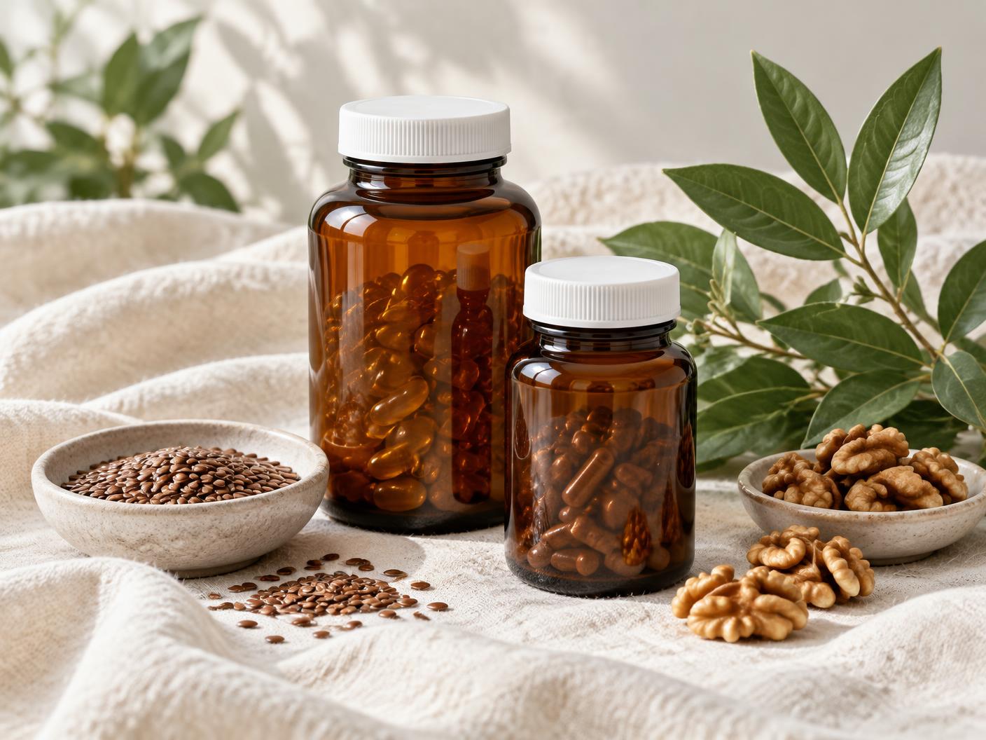 Plant-based supplement bottles beside fresh botanicals, flax seeds and walnuts